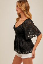 Load image into Gallery viewer, Hem + Thread Black Lace Smocked Top
