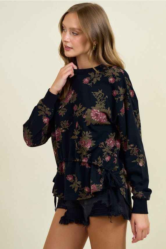 Black Floral Drawstring Waist Sweatshirt