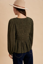 Load image into Gallery viewer, Olive Smocked Tie Peplum Top
