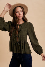 Load image into Gallery viewer, Olive Smocked Tie Peplum Top
