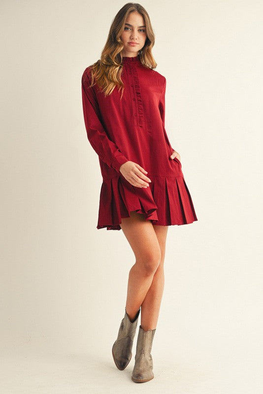 Burgundy Pleat Hem Mini Dress