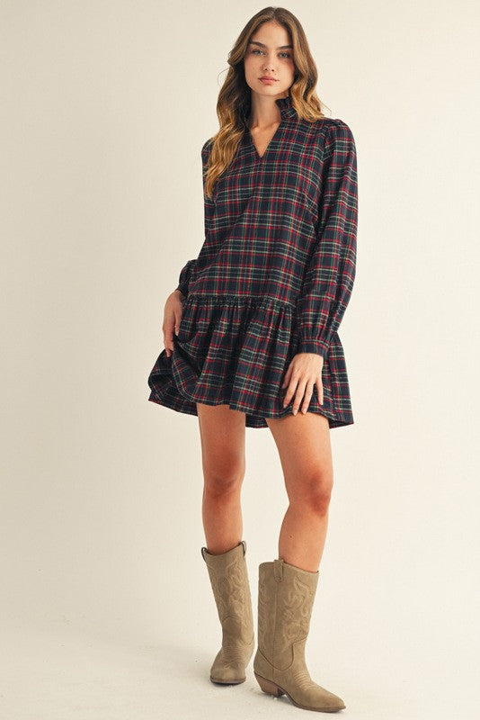 Navy Plaid Ruffle Dress