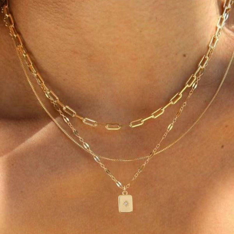 Gold Rectangle Charm Layered Necklace