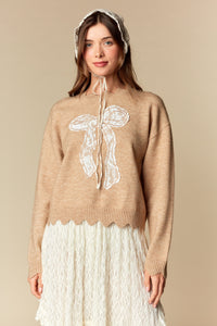 Camel Scalloped Bow Sweater