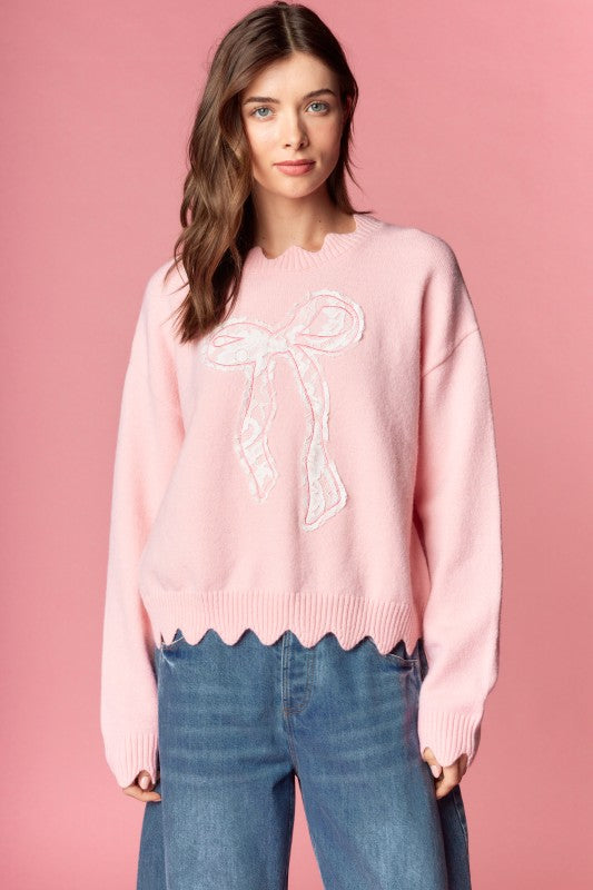 Pink Scalloped Bow Sweater