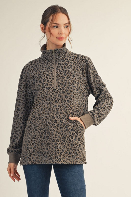 Textured Leopard Zip Top