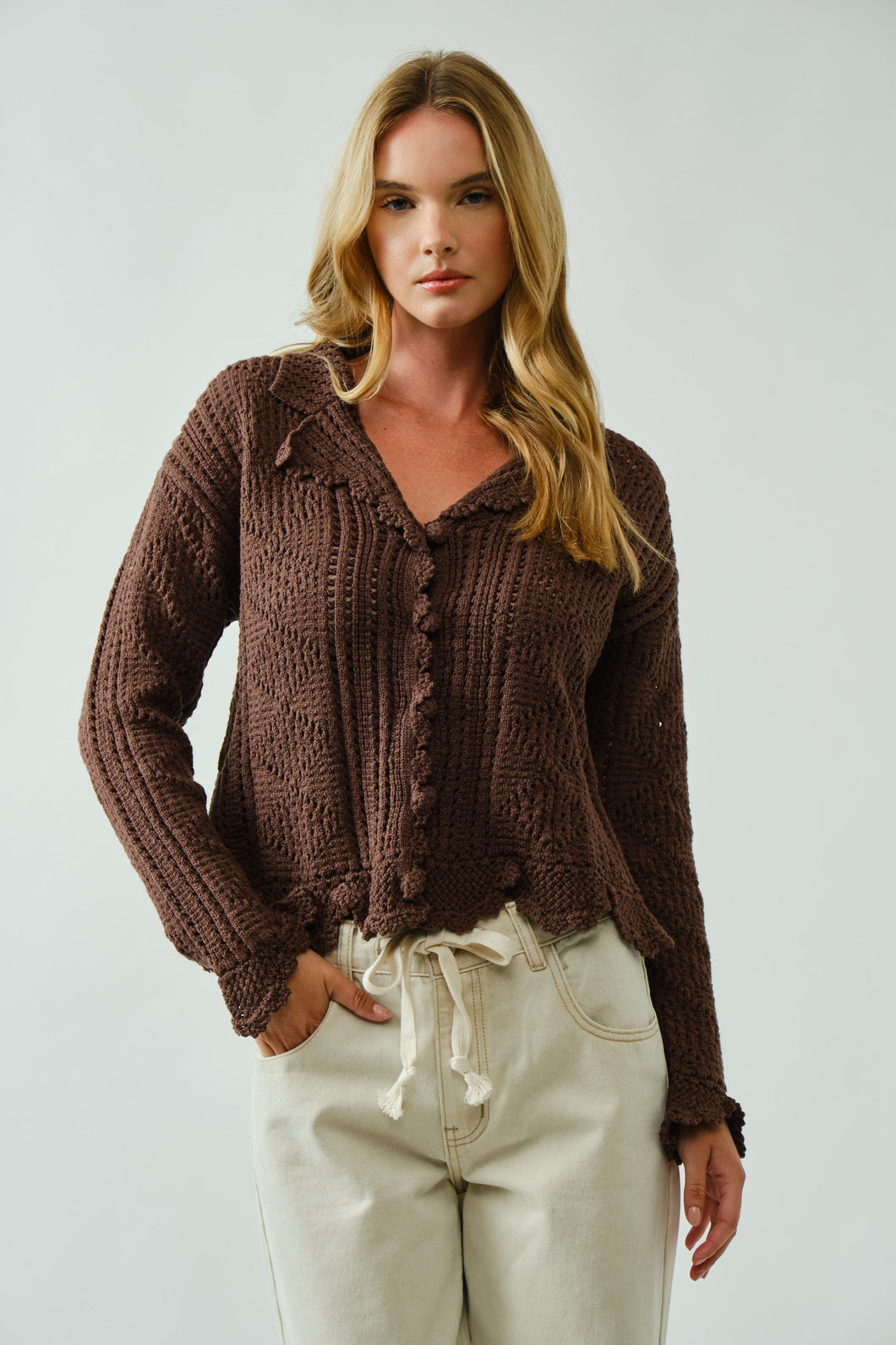 Brown Scalloped Crochet Cardigan