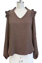 Load image into Gallery viewer, Brown Ruffle Shoulder Top
