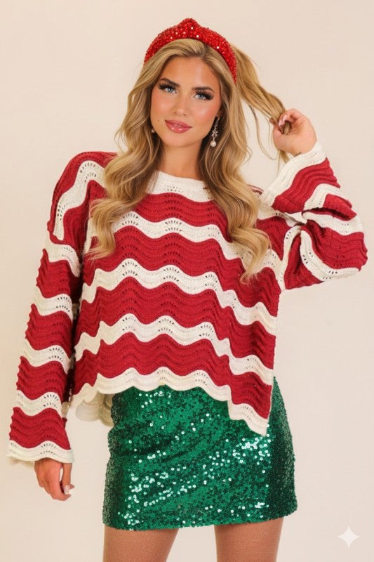 Red + White Scalloped Sweater