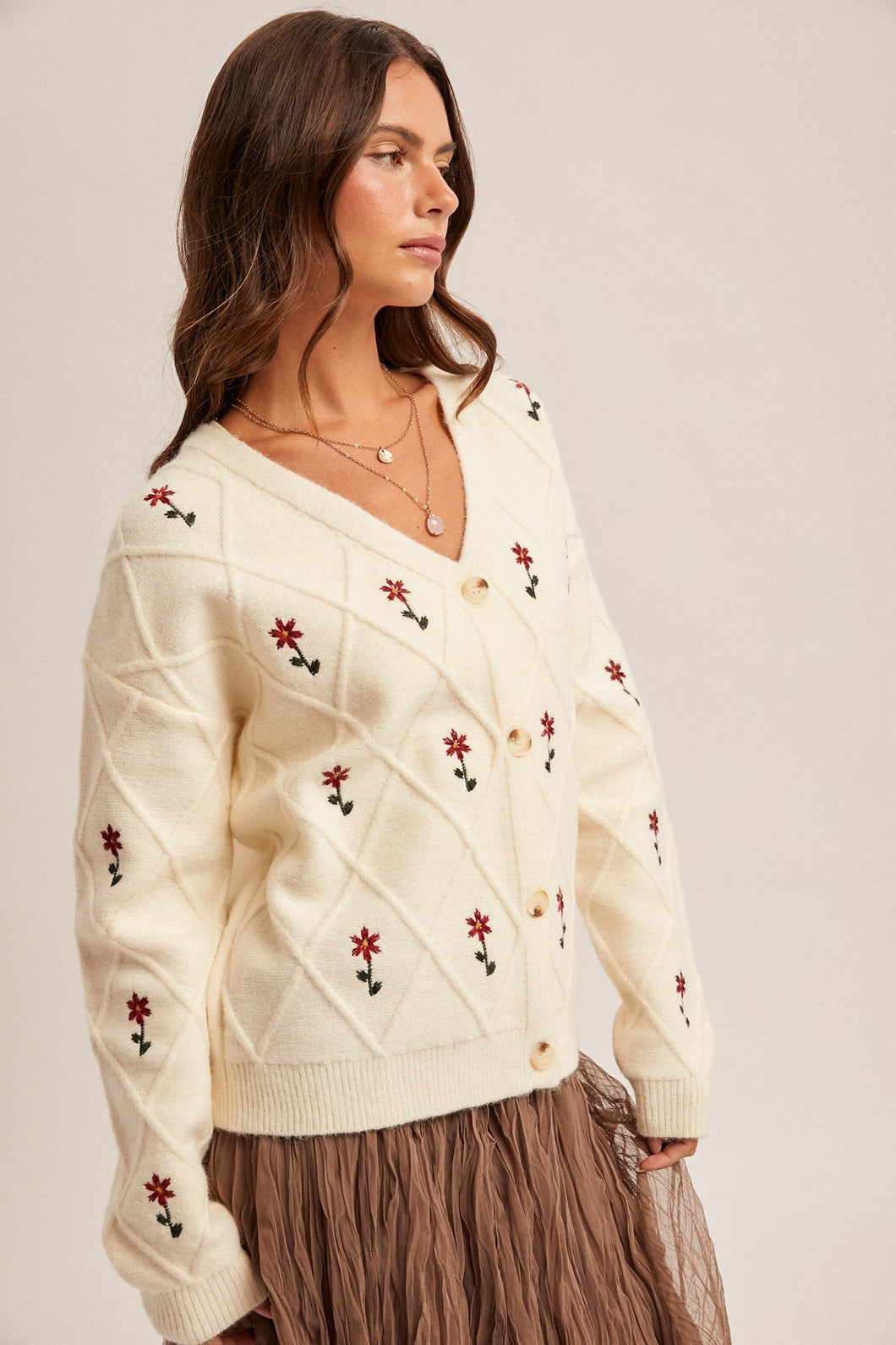 Cream Floral Embroidered Cardi