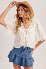 Load image into Gallery viewer, Hem + Thread Ivory Eyelet Tie Cardi Top

