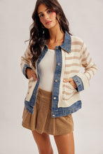 Load image into Gallery viewer, Hem + Thread Taupe Striped Denim Sweater Jacket
