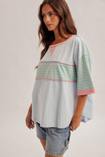 Load image into Gallery viewer, Hem + Thread Sky Blue + Teal Stripe Panel Oversized Tee

