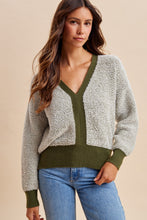 Load image into Gallery viewer, Olive Fuzzy V-Neck Sweater
