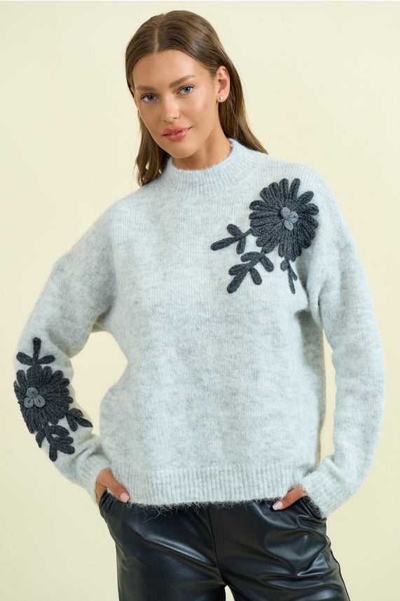 Grey Flower Applique Sweater