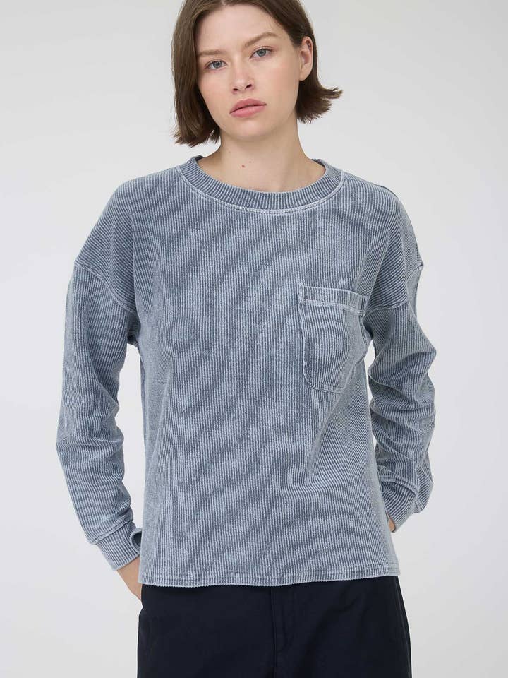 Denim Washed Ribbed Pocket Pullover