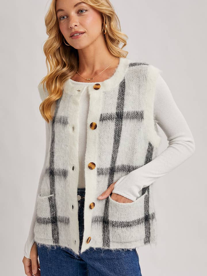 Fuzzy Ivory Plaid Sweater Vest