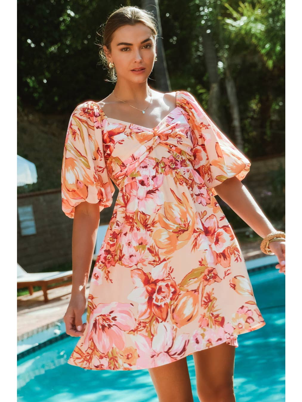 Peach Floral Sweetheart Dress