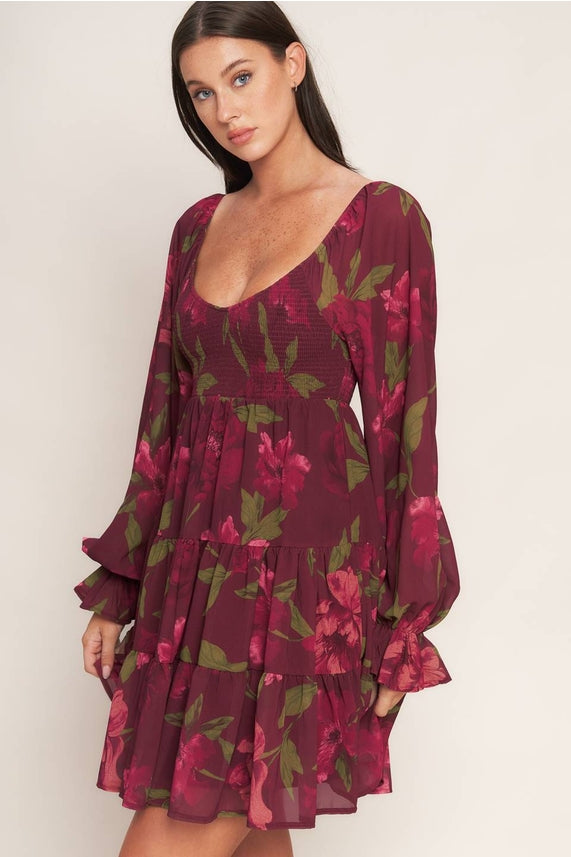 Burgundy Smocked Floral Dress