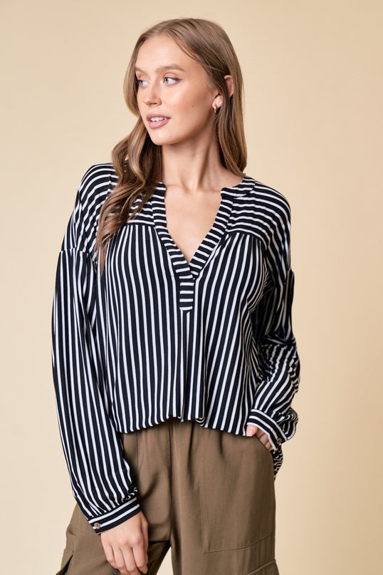 Black Stripe V-Neck Top