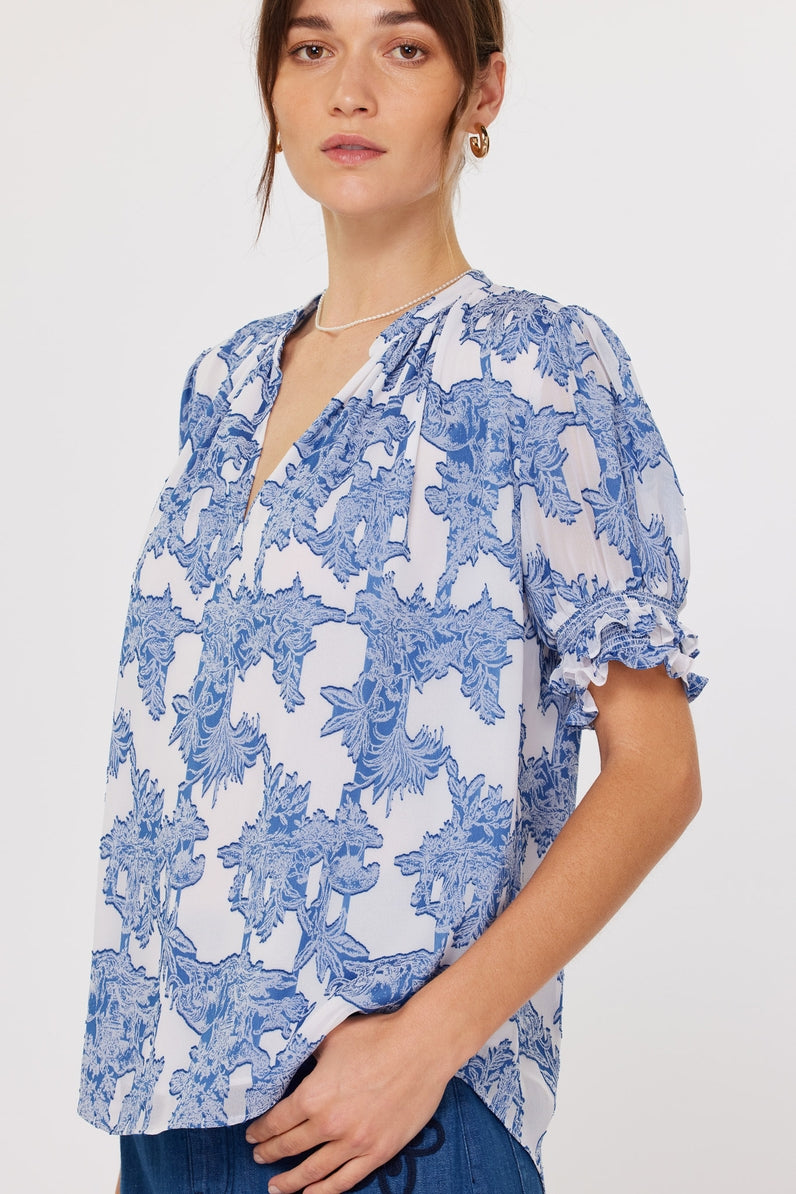 Blue Floral Ruffle Sleeve Top