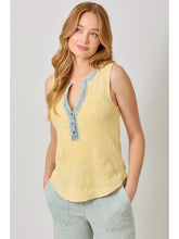 Load image into Gallery viewer, Mystree Yellow Washed Denim Trim Tank
