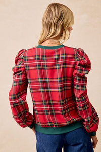 BiBi Red Plaid Puff Sleeve Pullover