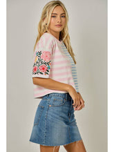 Load image into Gallery viewer, Mystree Blue + Pink Stripe Embroidered Tee
