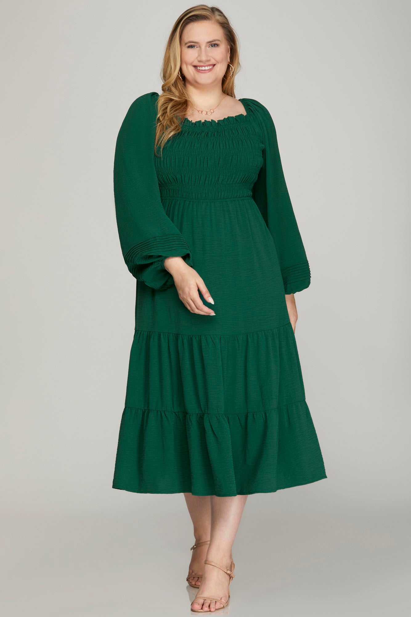 She + Sky Emerald Smocked Midi Dress - Plus  Adorn Boutique MI
