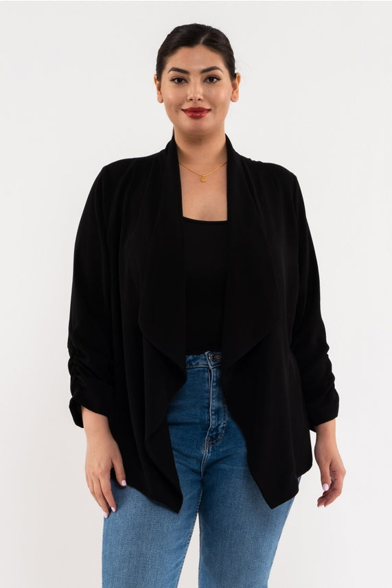 Black Ruched Sleeve Blazer - Plus