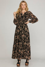 Load image into Gallery viewer, Black + Tan Floral Smocked Maxi
