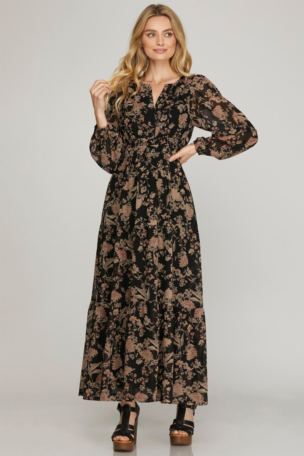 Black + Tan Floral Smocked Maxi