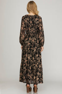 Black + Tan Floral Smocked Maxi