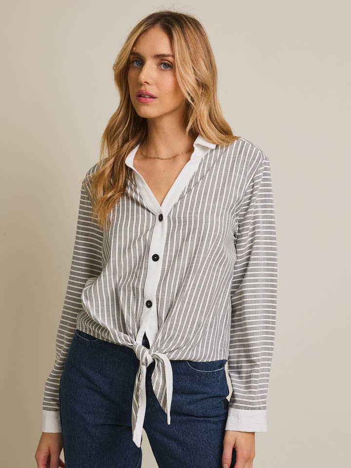 B+W Stripe Tie Front Top