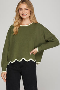 Olive + Cream Scalloped Sweater