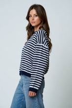 Load image into Gallery viewer, Navy Stripe Button Back Sweater
