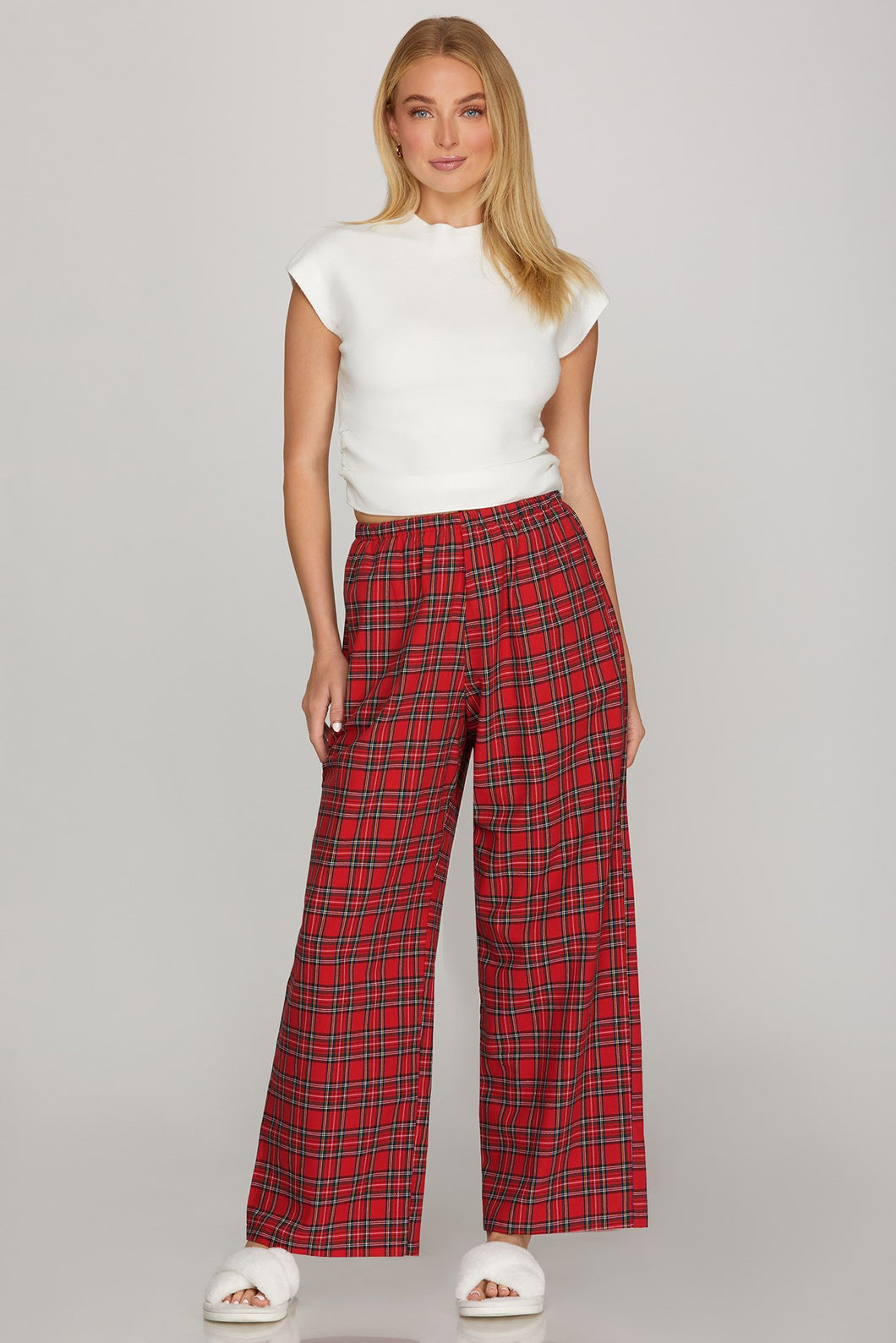 Red Wide Leg Plaid Pants
