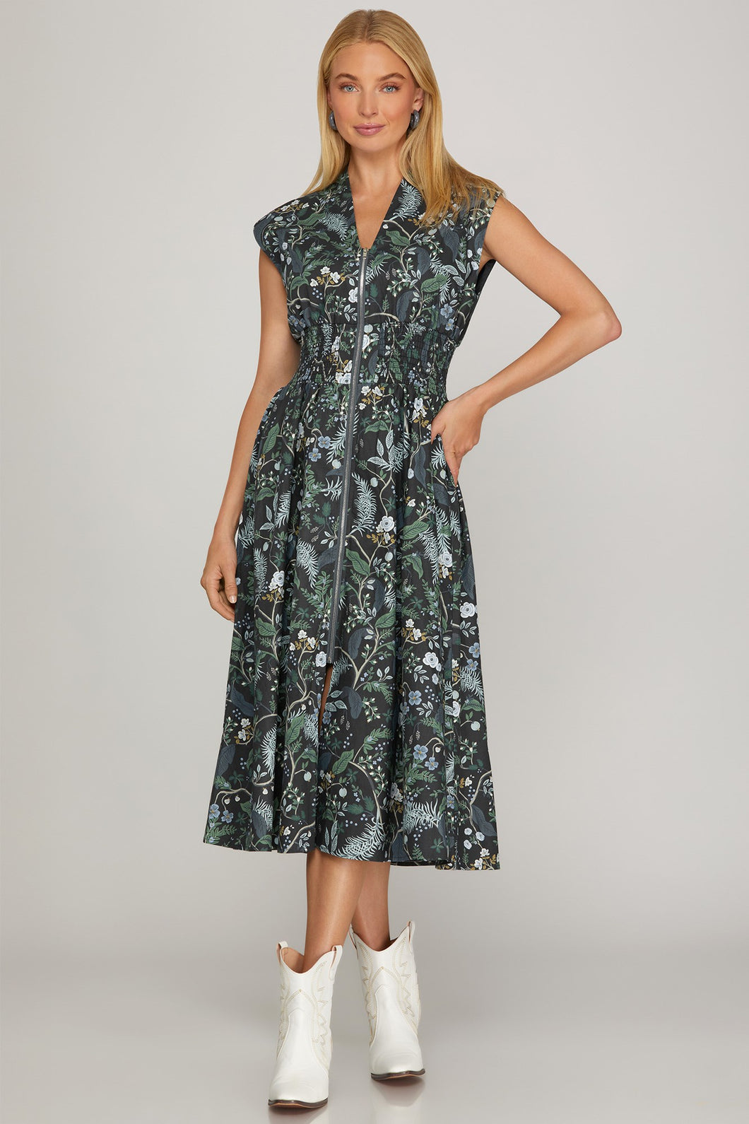 She + Sky Navy + Green Floral Smock Zip Dress - Plus 2XL She + Sky Navy + Green Floral Smock Zip Dress - Plus 2XL