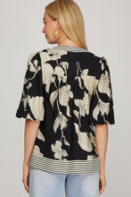Load image into Gallery viewer, Black Floral + Stripe Trim Top
