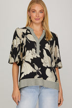Load image into Gallery viewer, Black Floral + Stripe Trim Top
