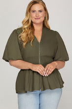Load image into Gallery viewer, She + Sky Olive ZIp Smocked Top - Plus
