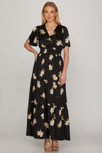Load image into Gallery viewer, She + Sky Black Satin Floral Maxi
