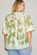 Load image into Gallery viewer, She + Sky Sage Floral + Stripe Trim Top - Plus
