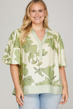 Load image into Gallery viewer, She + Sky Sage Floral + Stripe Trim Top - Plus
