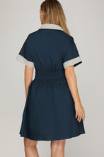 Load image into Gallery viewer, She + Sky Navy Smocked Waist Button Dress
