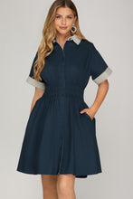 Load image into Gallery viewer, She + Sky Navy Smocked Waist Button Dress
