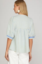 Load image into Gallery viewer, She + Sky Floral Embroidered Blue Stripe Top

