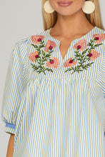 Load image into Gallery viewer, She + Sky Floral Embroidered Blue Stripe Top
