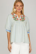Load image into Gallery viewer, She + Sky Floral Embroidered Blue Stripe Top
