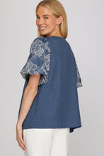 Load image into Gallery viewer, She + Sky Denim Blue Floral Sleeve Top
